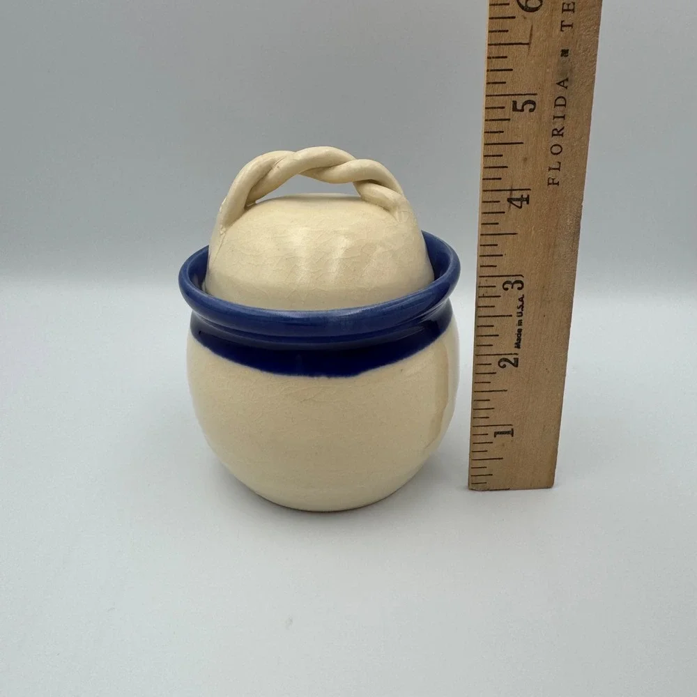 Handmade Pottery Butter Dish w Lid Blue Band Twisted Handle John Larson 11-24-62